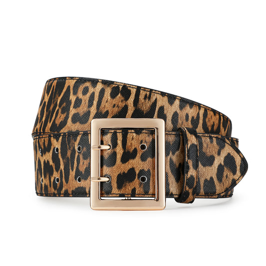 AI DEEBLUE Women Leopard Print Wide Belts Fashion Thick Black Belt with Gold Double Prong Buckle Belt for Dresses