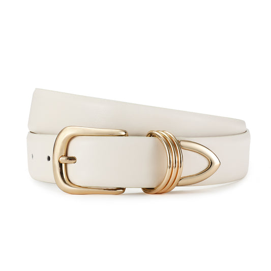 AI DEEBLUE White Belts for Women with Gold Buckle Faux Leather Belts Fashion Casual belts for jeans