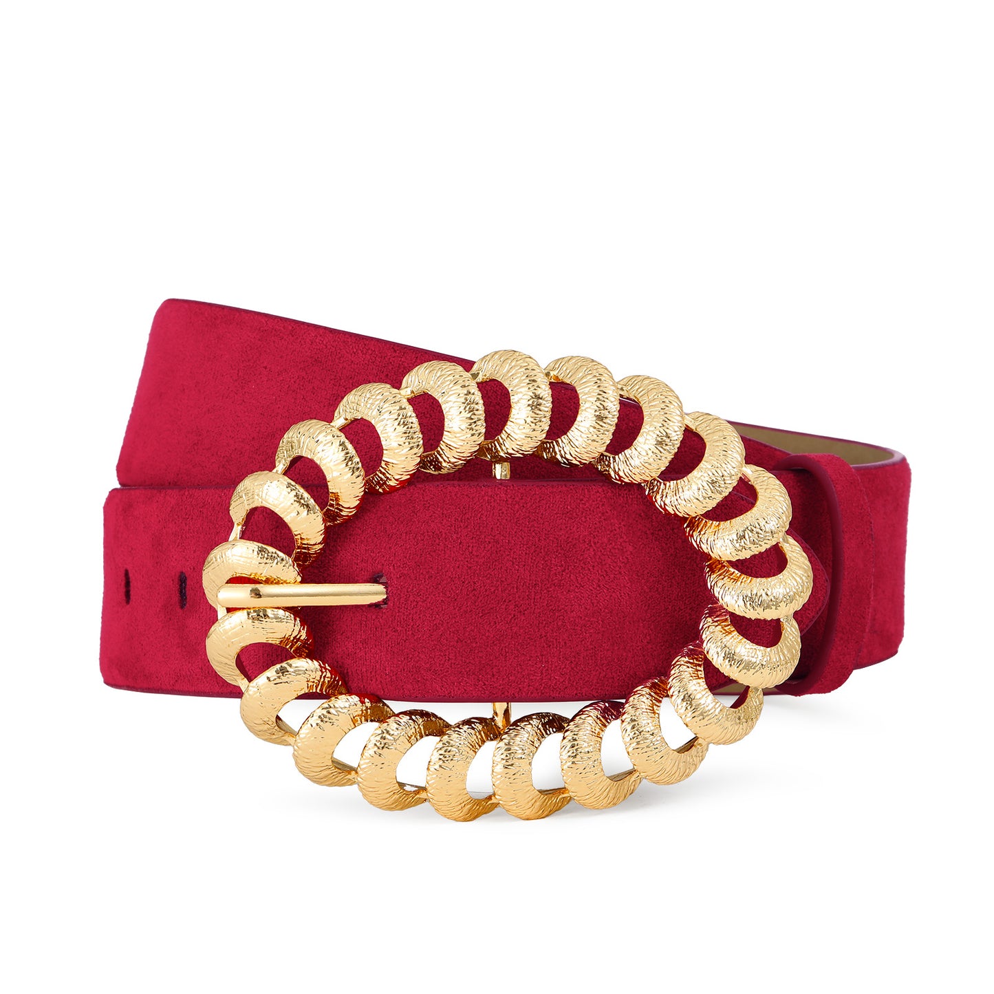 AI DEEBLUE Leather Belts for Women Stylish Suede Burgundy Red Belt with Gold Buckle Elegant Dress Belt Women