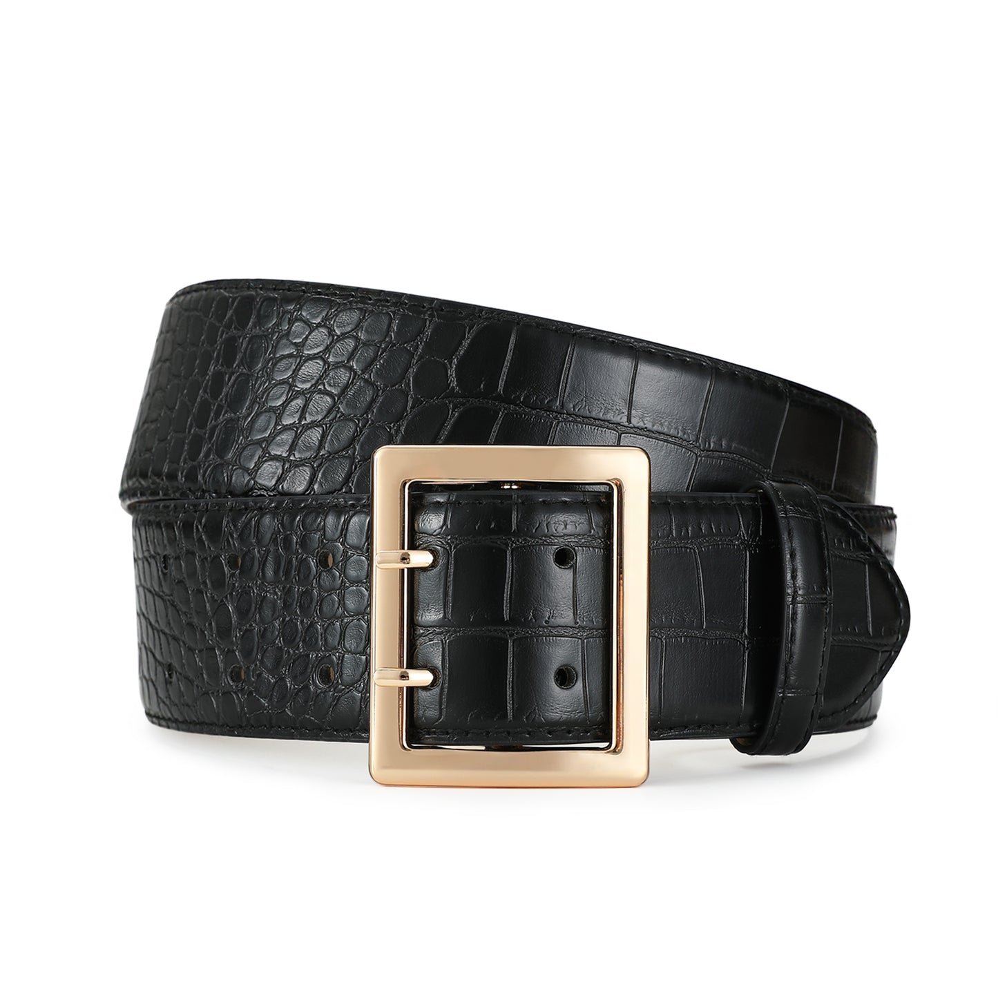 AI DEEBLUE Women Black Wide Belts Fashion Thick Black Belt with Gold Double Prong Buckle Belt for Dresses