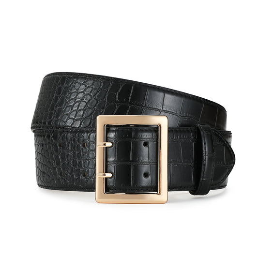 AI DEEBLUE Women Black Wide Belts Fashion Thick Black Belt with Gold Double Prong Buckle Belt for Dresses