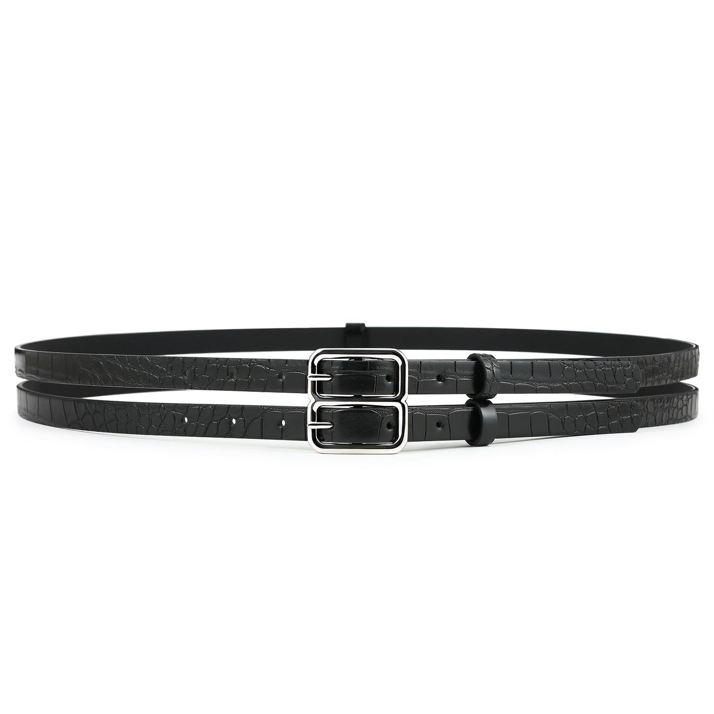AI DEEBLUE Double Buckle Belts for Women Leather Black Belt with Holes Waist Belt for Dresses Jeans