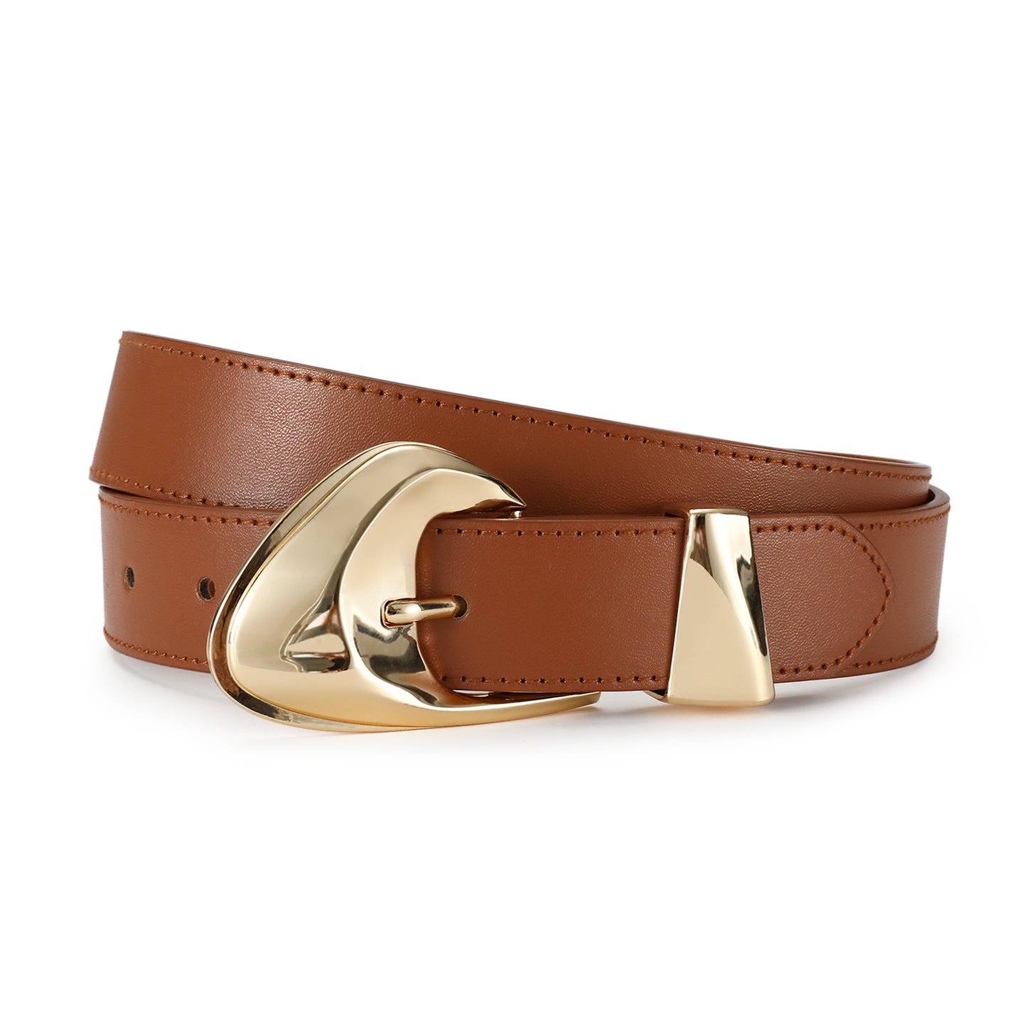 AI DEEBLUE Brown Leather Belts for Women Brown Belt Gold Buckle belt for Dresses Jeans