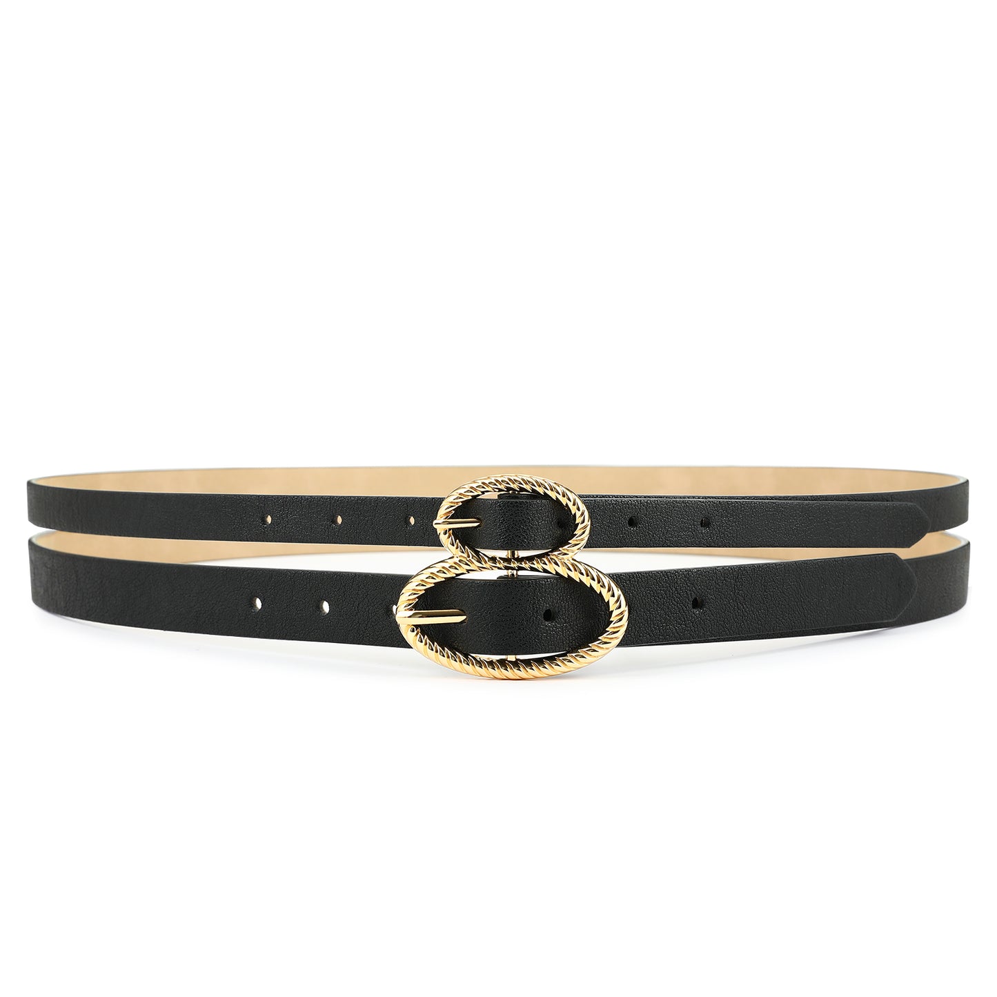 AI DEEBLUE Double Buckle Belts for Women Black Belt Women's Leather Belt Gold Buckle Waist Belt for Dresses Jeans Fashion