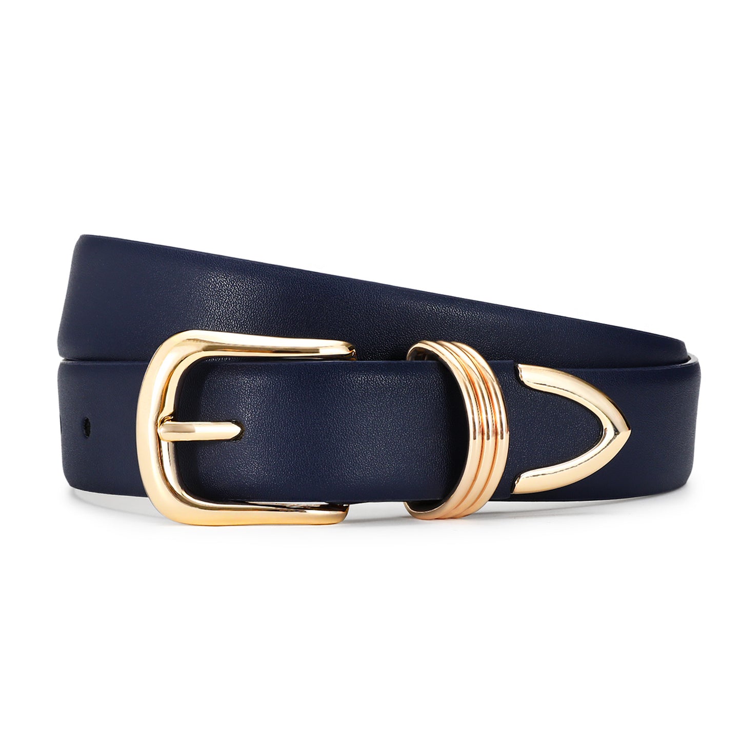 AI DEEBLUE Navy Blue Belts for Women with Gold Buckle Faux Leather Waist Belt for Jeans Dresses Workwear