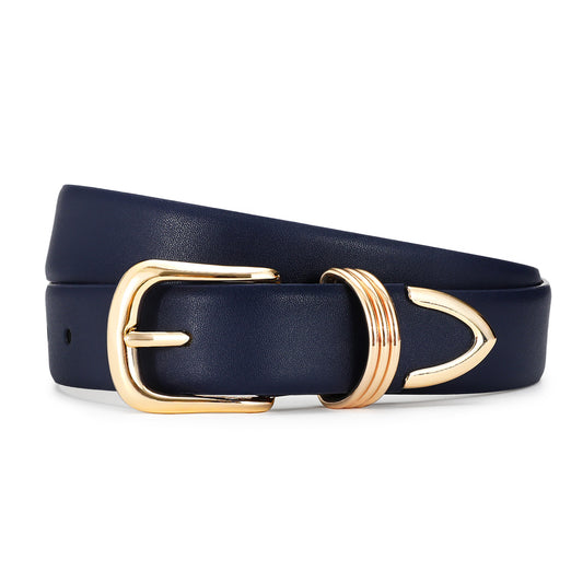 AI DEEBLUE Navy Blue Belts for Women with Gold Buckle Faux Leather Waist Belt for Jeans Dresses Workwear