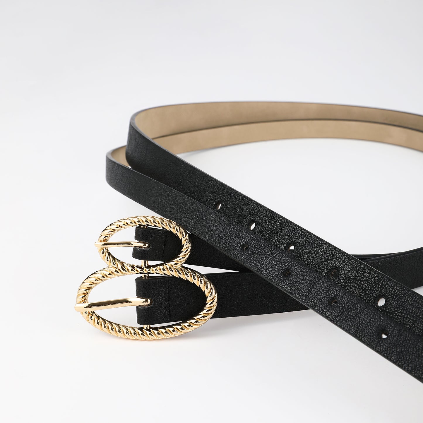 AI DEEBLUE Double Buckle Belts for Women Black Belt Women's Leather Belt Gold Buckle Waist Belt for Dresses Jeans Fashion
