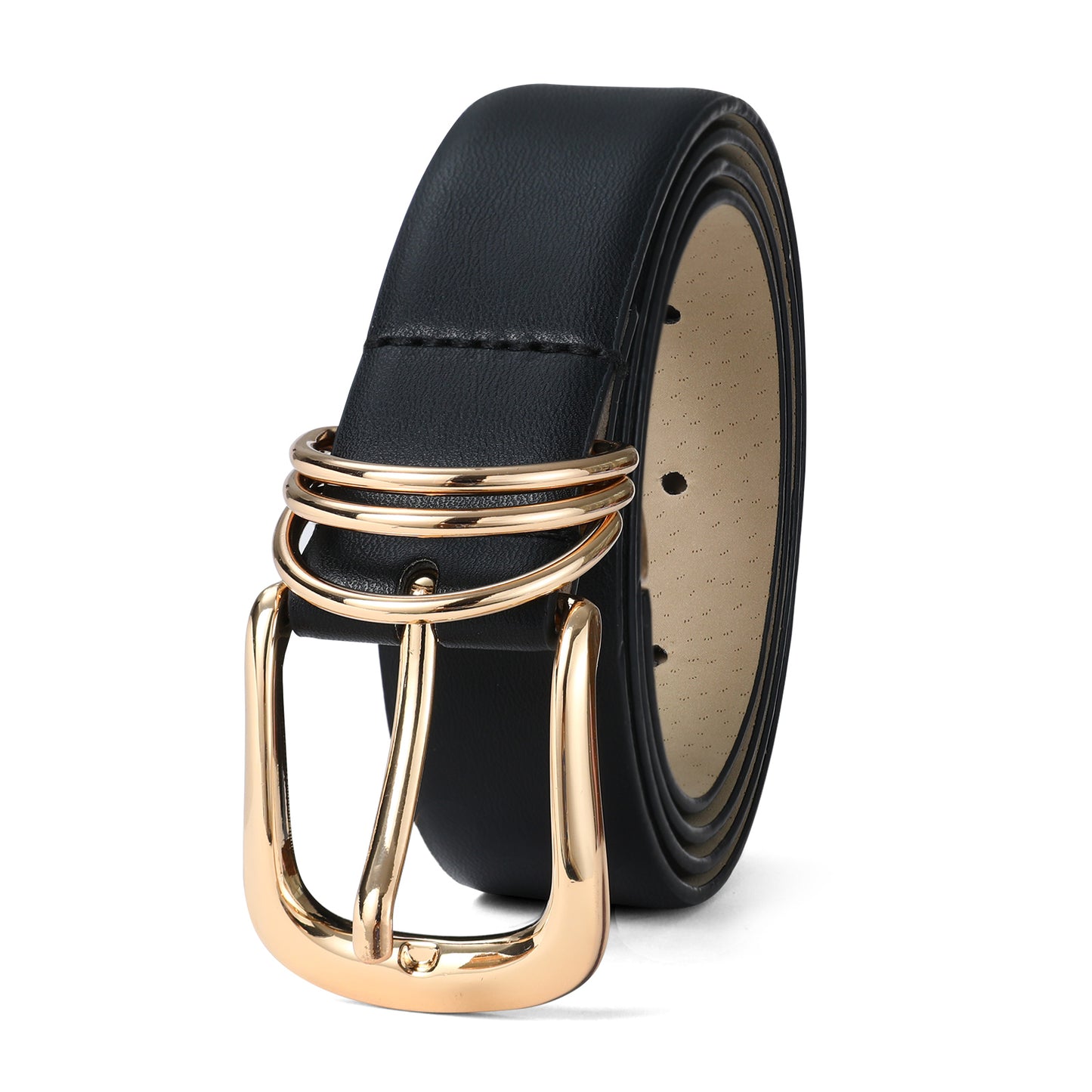AI DEEBLUE Black Belts for Women with Gold Buckle Faux Leather Belts Fashion Casual belts for jeans