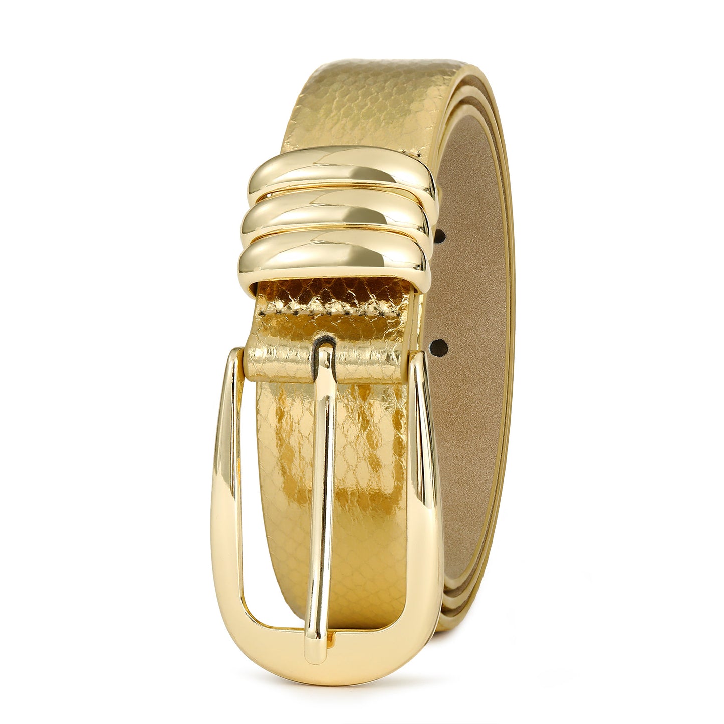 AI DEEBLUE Gold Belts for Women Stylish Gold Leather Belt with Gold Buckle Dress Belt