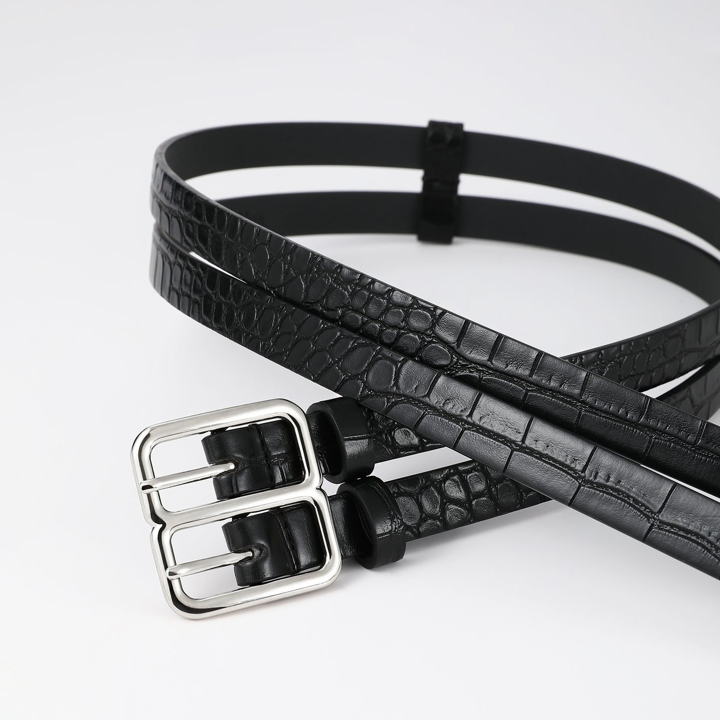 AI DEEBLUE Double Buckle Belts for Women Leather Black Belt with Holes Waist Belt for Dresses Jeans