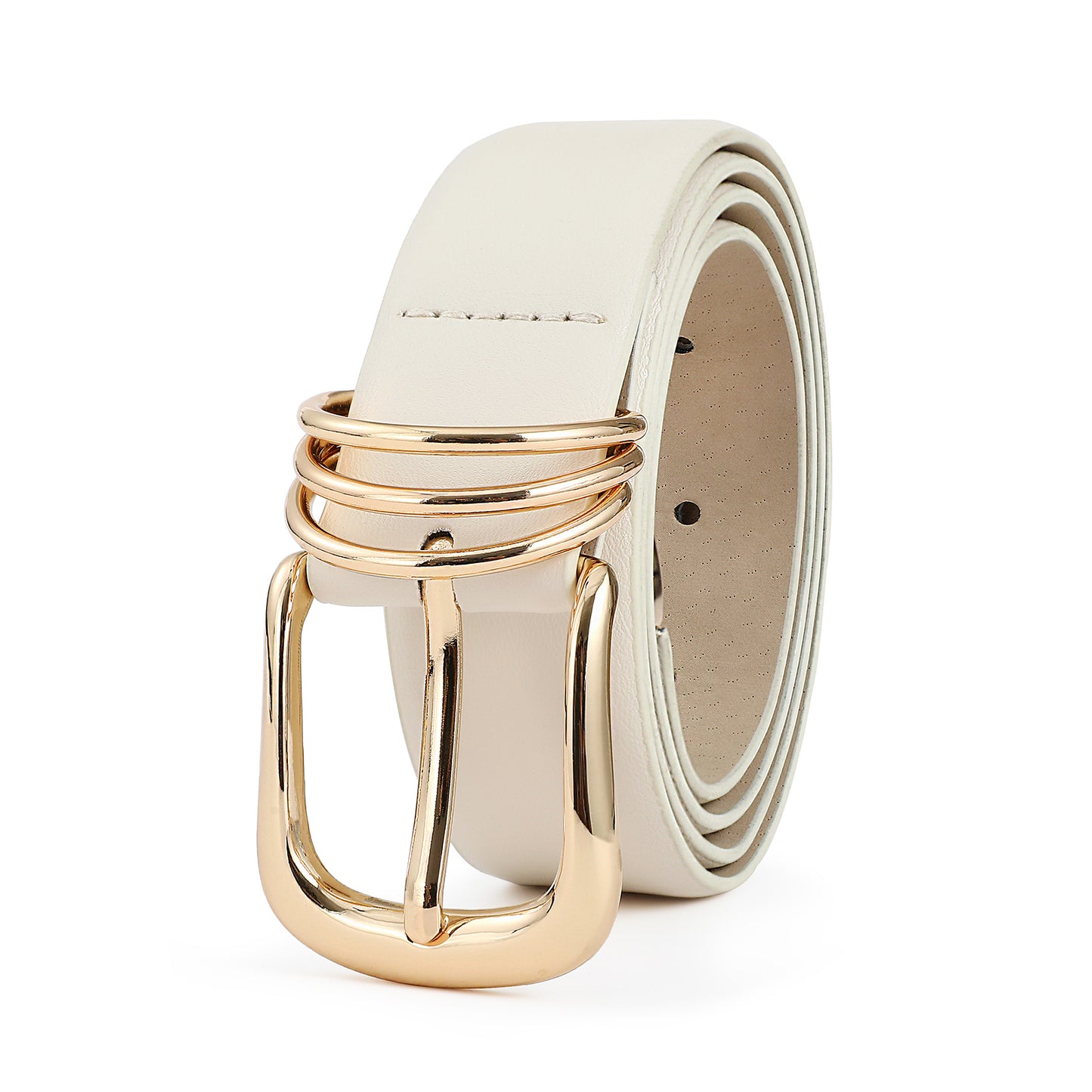 AI DEEBLUE White Belts for Women with Gold Buckle Faux Leather Belts Fashion Casual belts for jeans