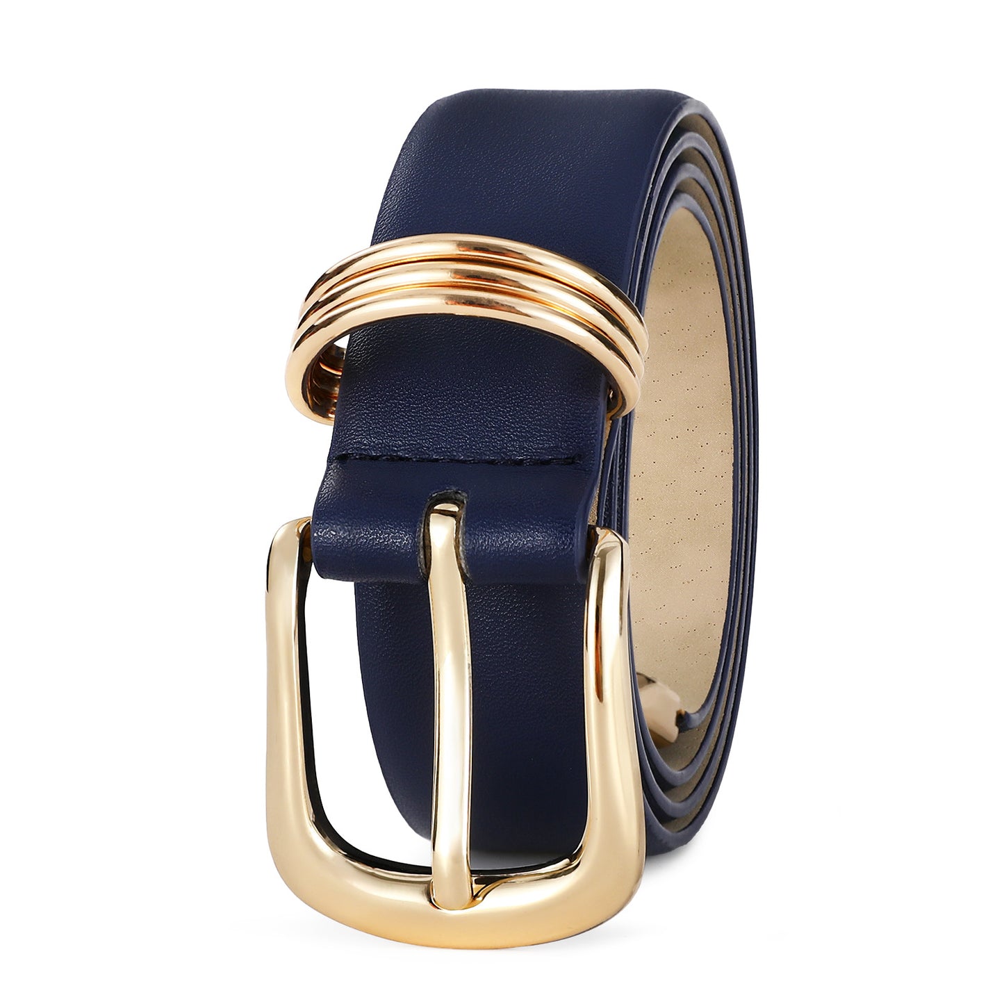 AI DEEBLUE Navy Blue Belts for Women with Gold Buckle Faux Leather Waist Belt for Jeans Dresses Workwear