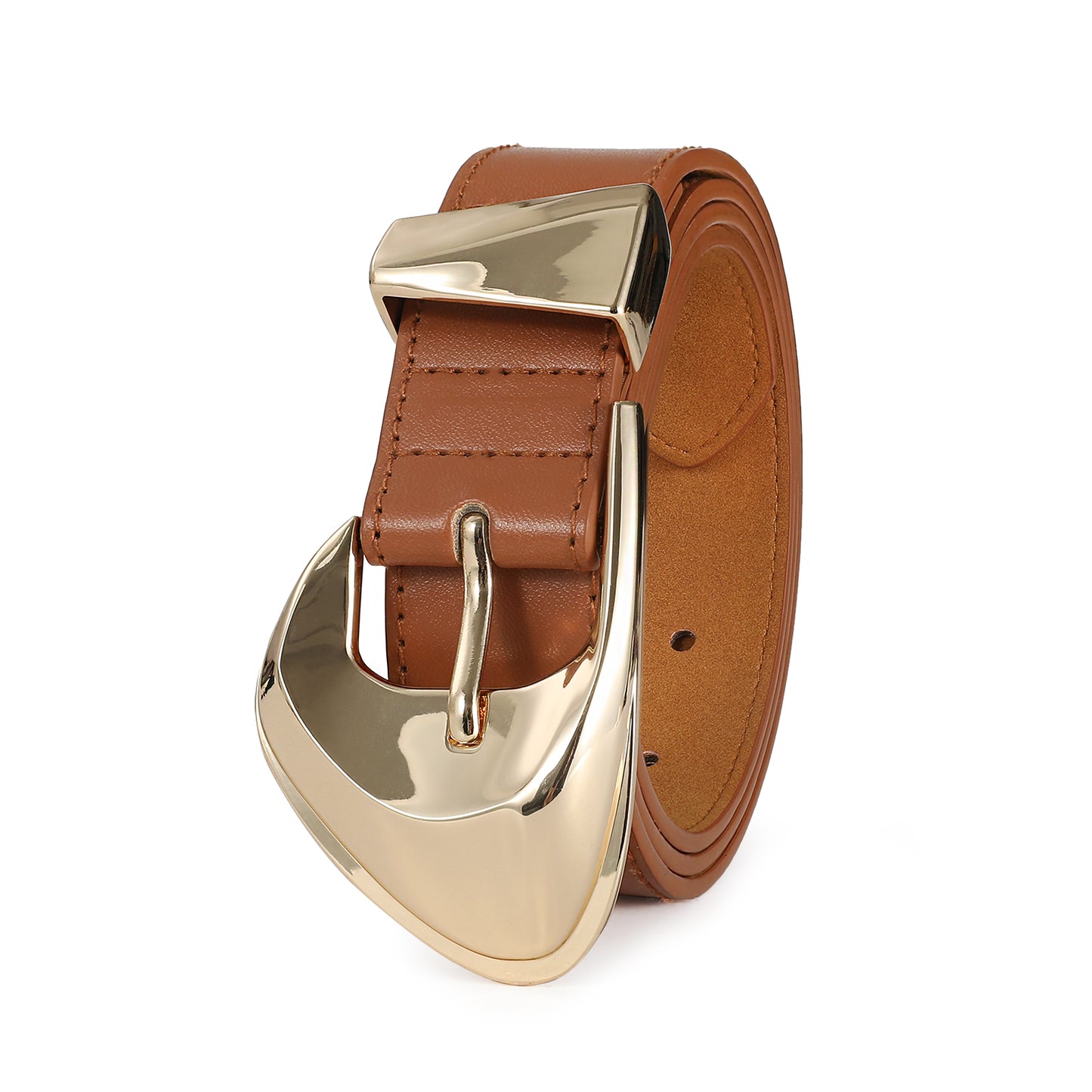 AI DEEBLUE Brown Leather Belts for Women Brown Belt Gold Buckle belt for Dresses Jeans