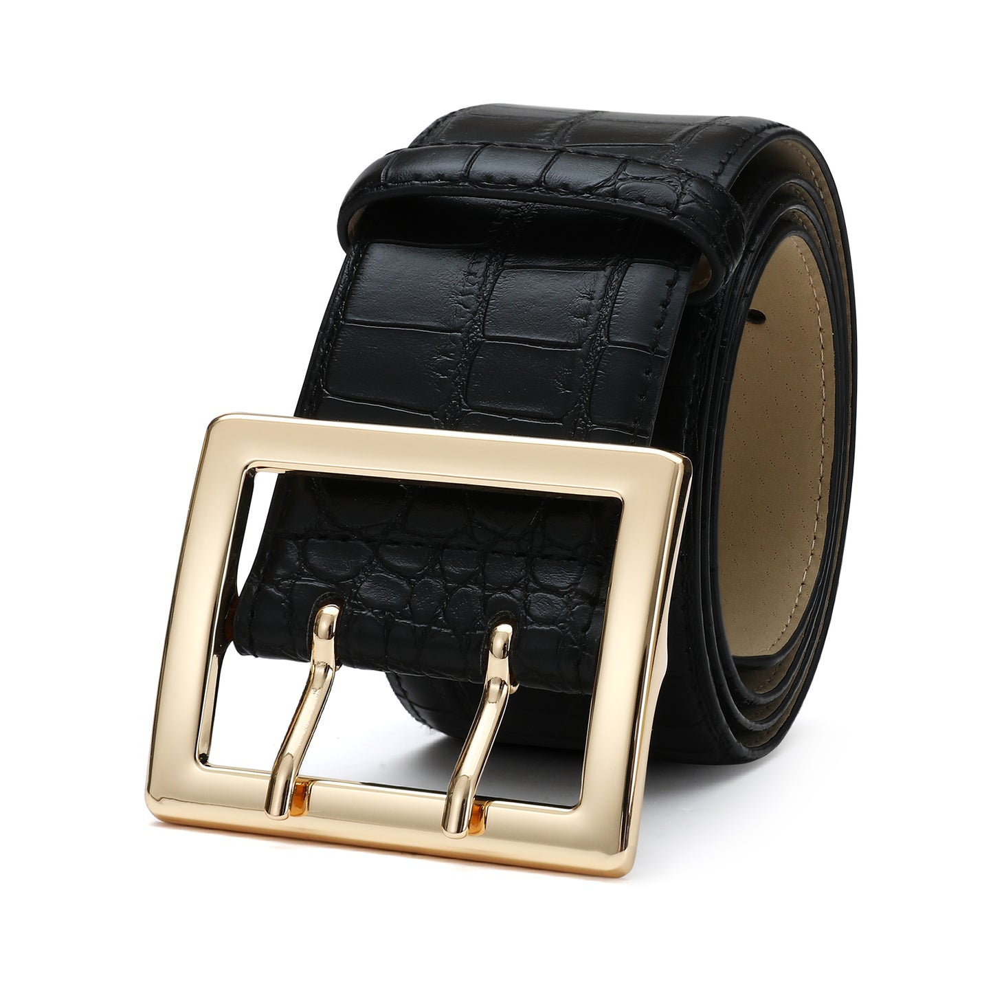 AI DEEBLUE Women Black Wide Belts Fashion Thick Black Belt with Gold Double Prong Buckle Belt for Dresses