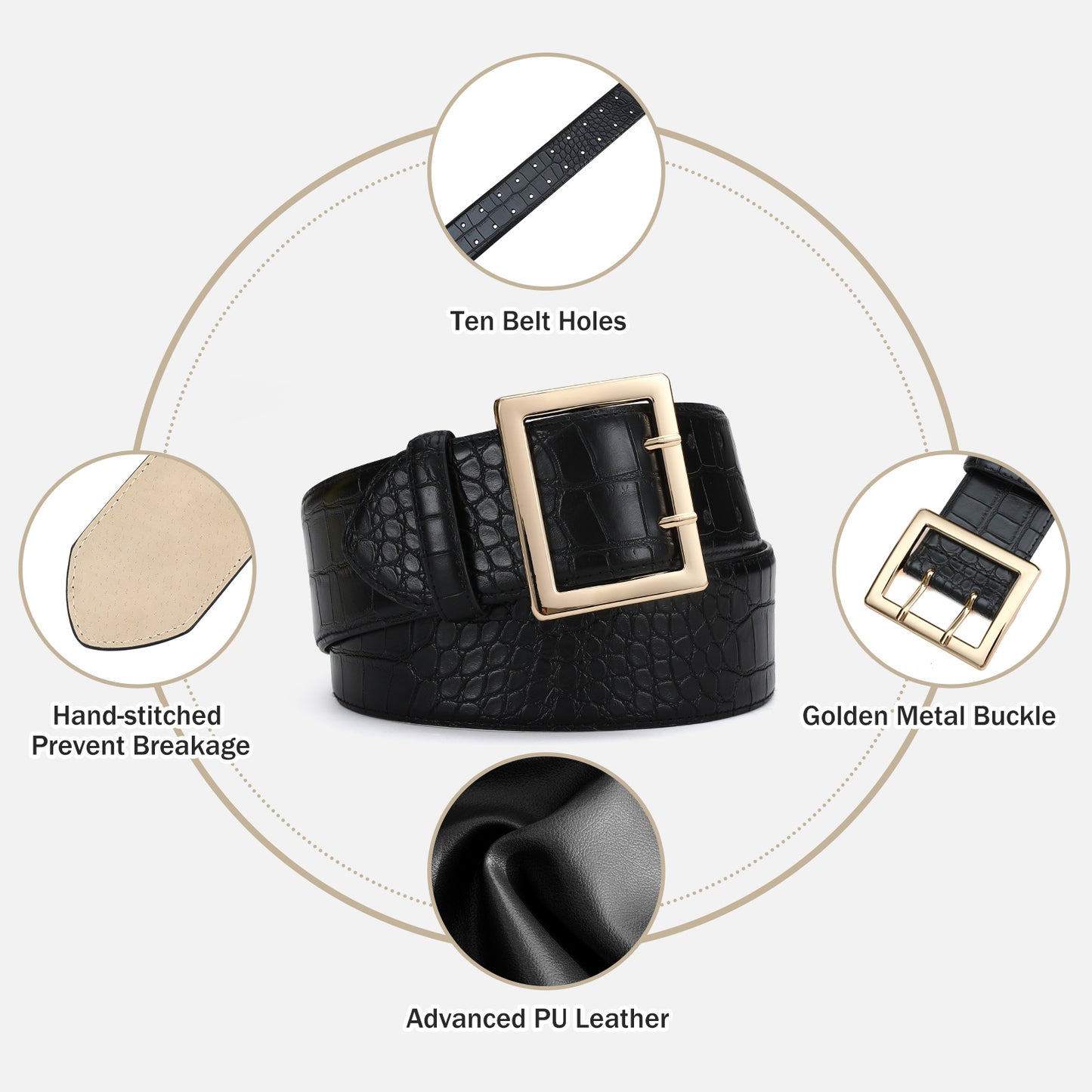 AI DEEBLUE Women Black Wide Belts Fashion Thick Black Belt with Gold Double Prong Buckle Belt for Dresses