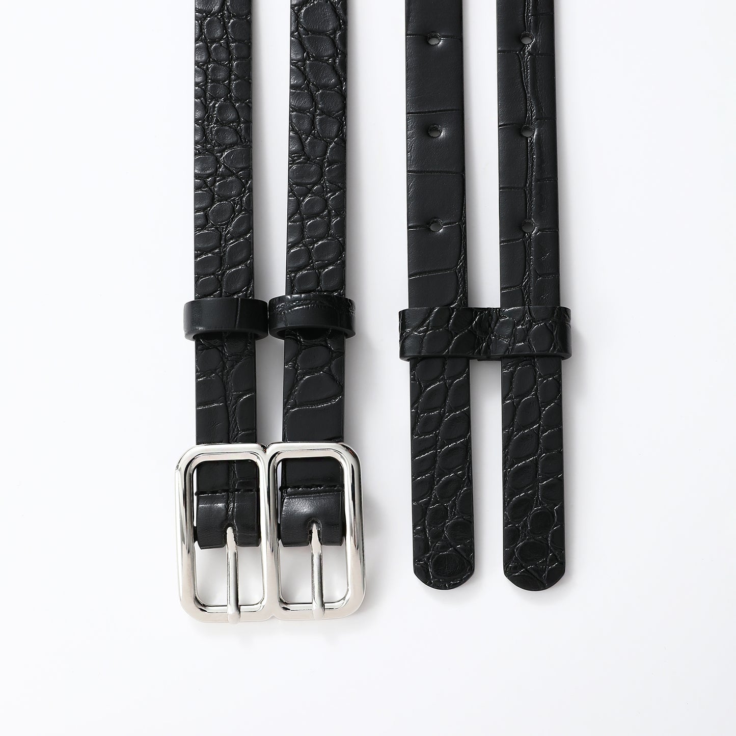 AI DEEBLUE Double Buckle Belts for Women Leather Black Belt with Holes Waist Belt for Dresses Jeans