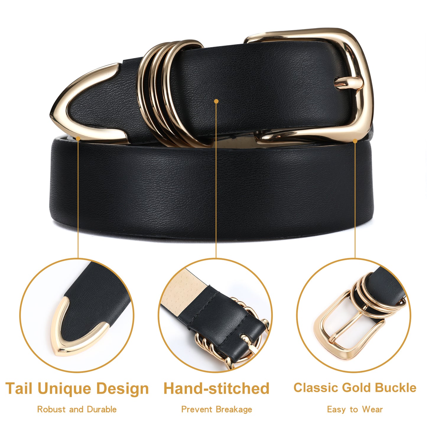 AI DEEBLUE Black Belts for Women with Gold Buckle Faux Leather Belts Fashion Casual belts for jeans