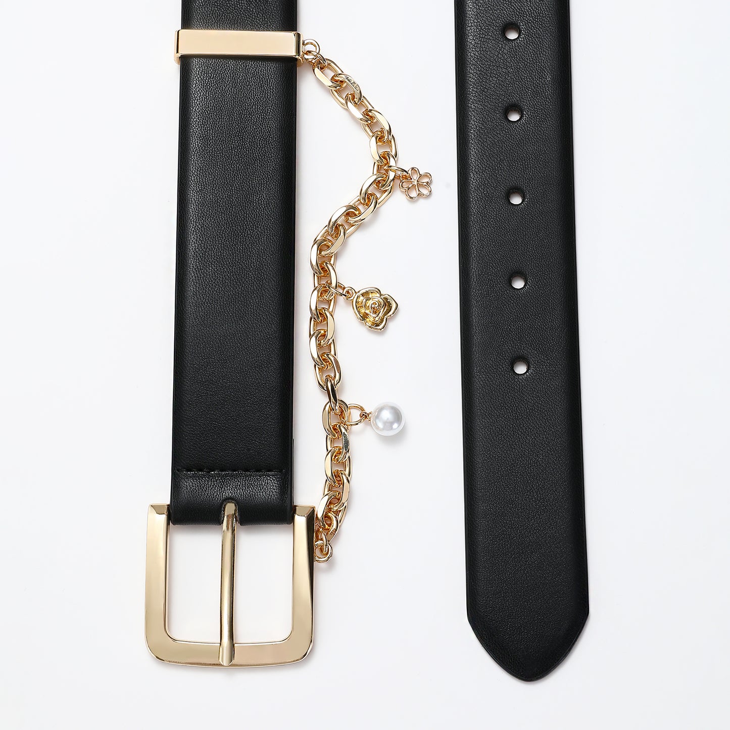 AI DEEBLUE Women's Leather Belt for Jeans Black Belt with Gold Buckle and Chain Fashion Belts for Women