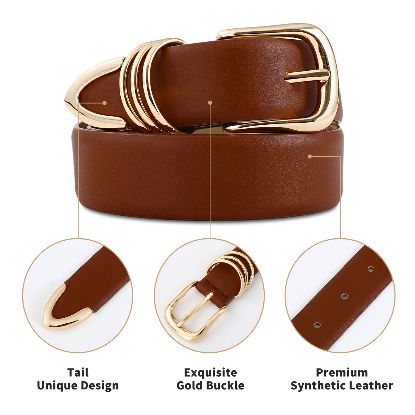 AI DEEBLUE Brown Belts for Women with Gold Buckle Faux Leather Belts Fashion Casual belts for jeans