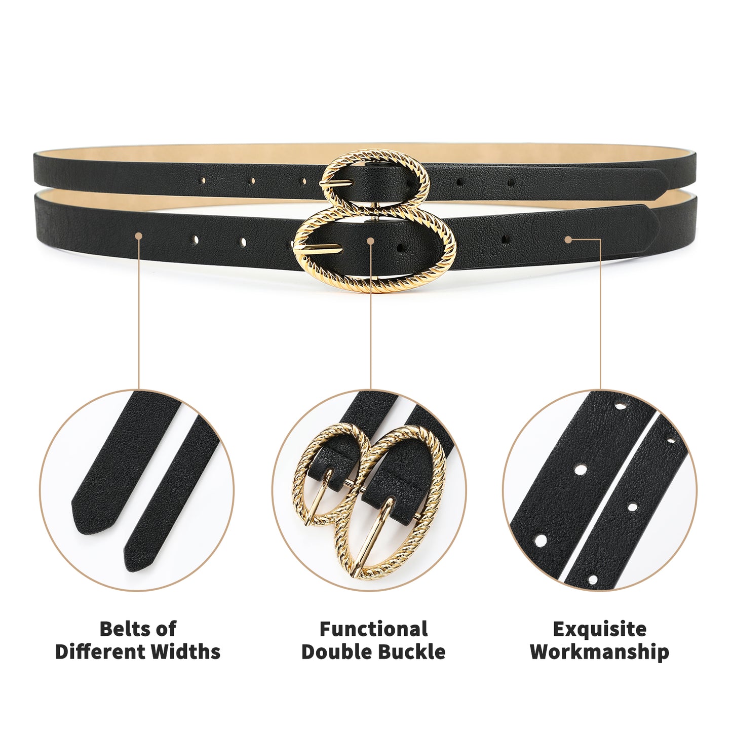 AI DEEBLUE Double Buckle Belts for Women Black Belt Women's Leather Belt Gold Buckle Waist Belt for Dresses Jeans Fashion