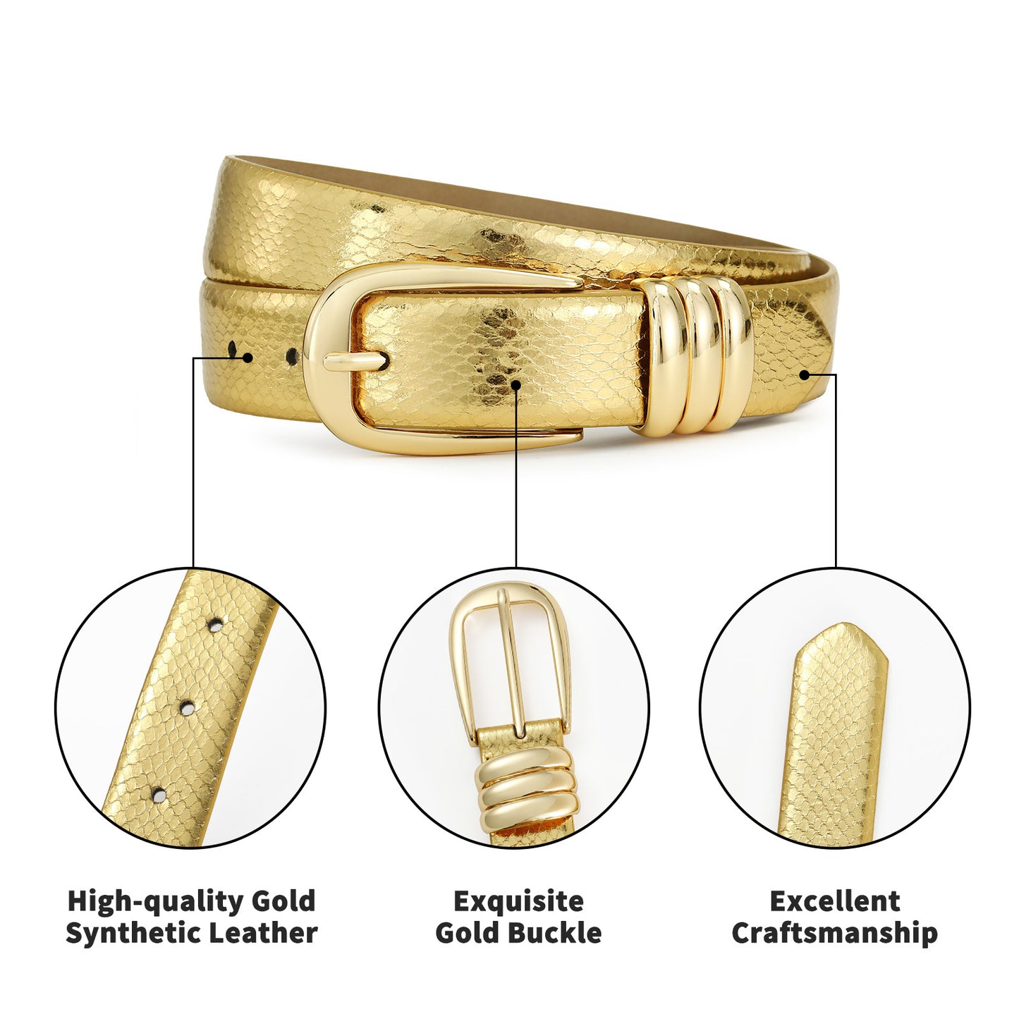 AI DEEBLUE Gold Belts for Women Stylish Gold Leather Belt with Gold Buckle Dress Belt