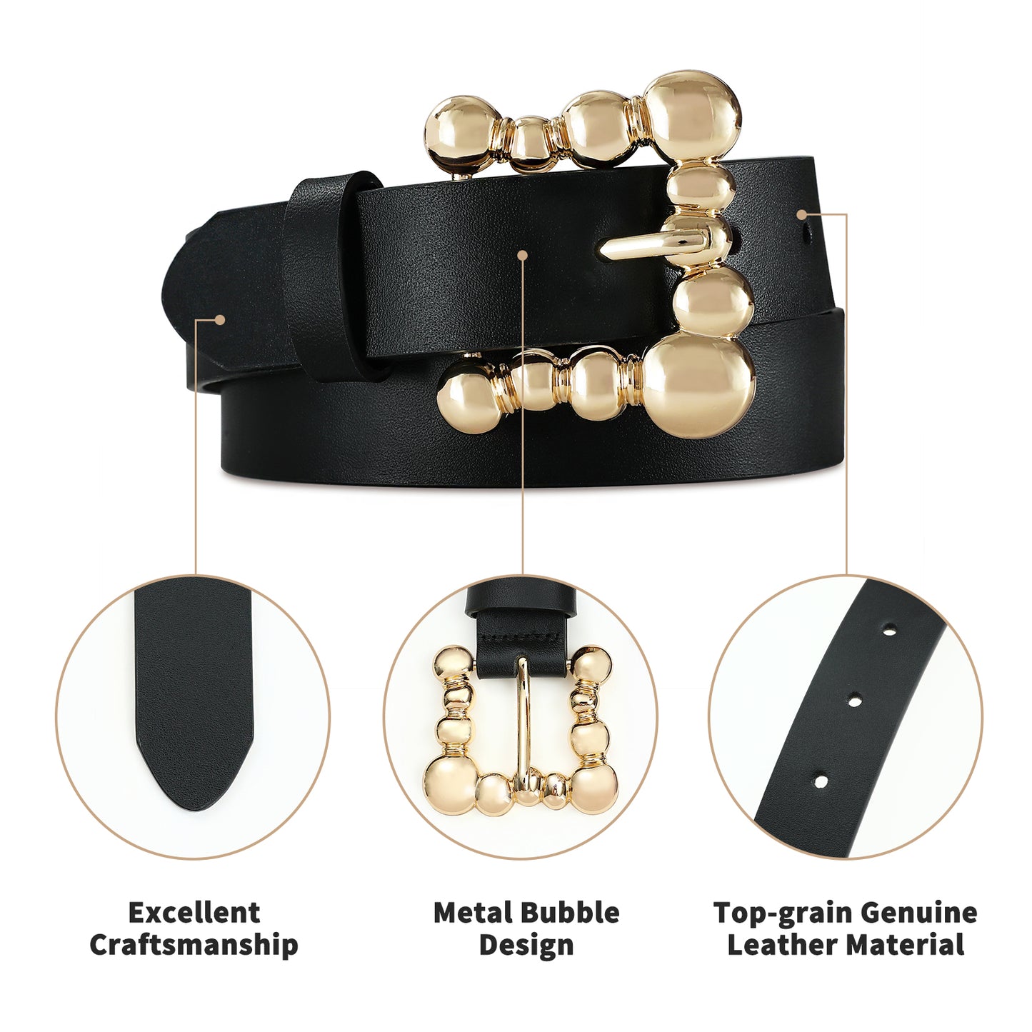 Genuine Leather Belts for Women Black Belt with Gold Buckle for Jeans Dresses and Casual Outfits Waist Belt Luxury