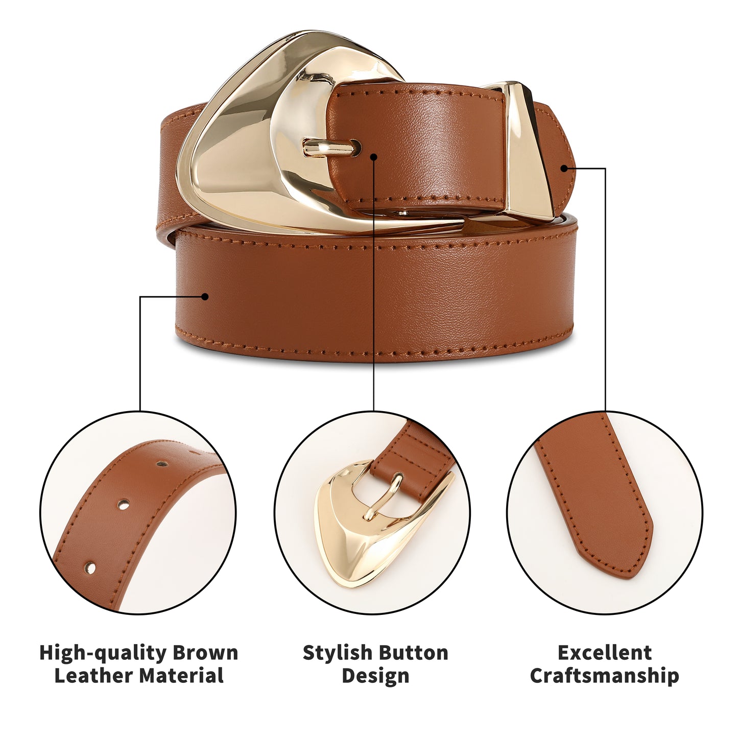 AI DEEBLUE Brown Leather Belts for Women Brown Belt Gold Buckle belt for Dresses Jeans