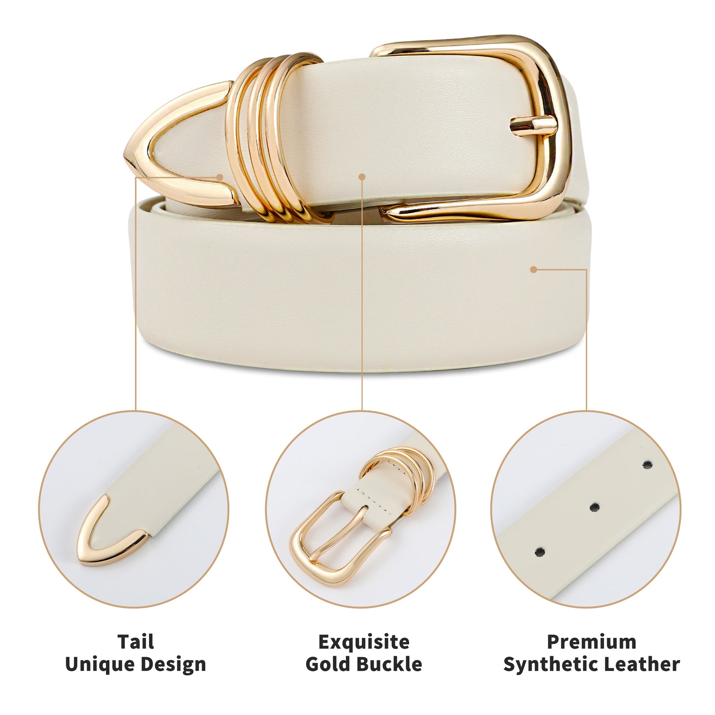 AI DEEBLUE White Belts for Women with Gold Buckle Faux Leather Belts Fashion Casual belts for jeans