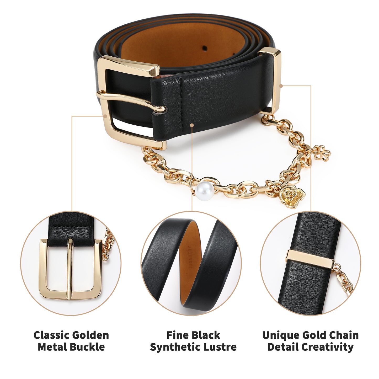 AI DEEBLUE Women's Leather Belt for Jeans Black Belt with Gold Buckle and Chain Fashion Belts for Women