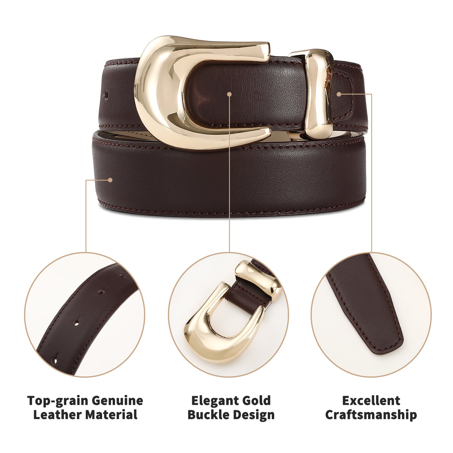 AI DEEBLUE Genuine Leather Belt for Women Burgundy Leather With Gold Buckle Luxury Casual Fashion Belts for Jeans Dresses