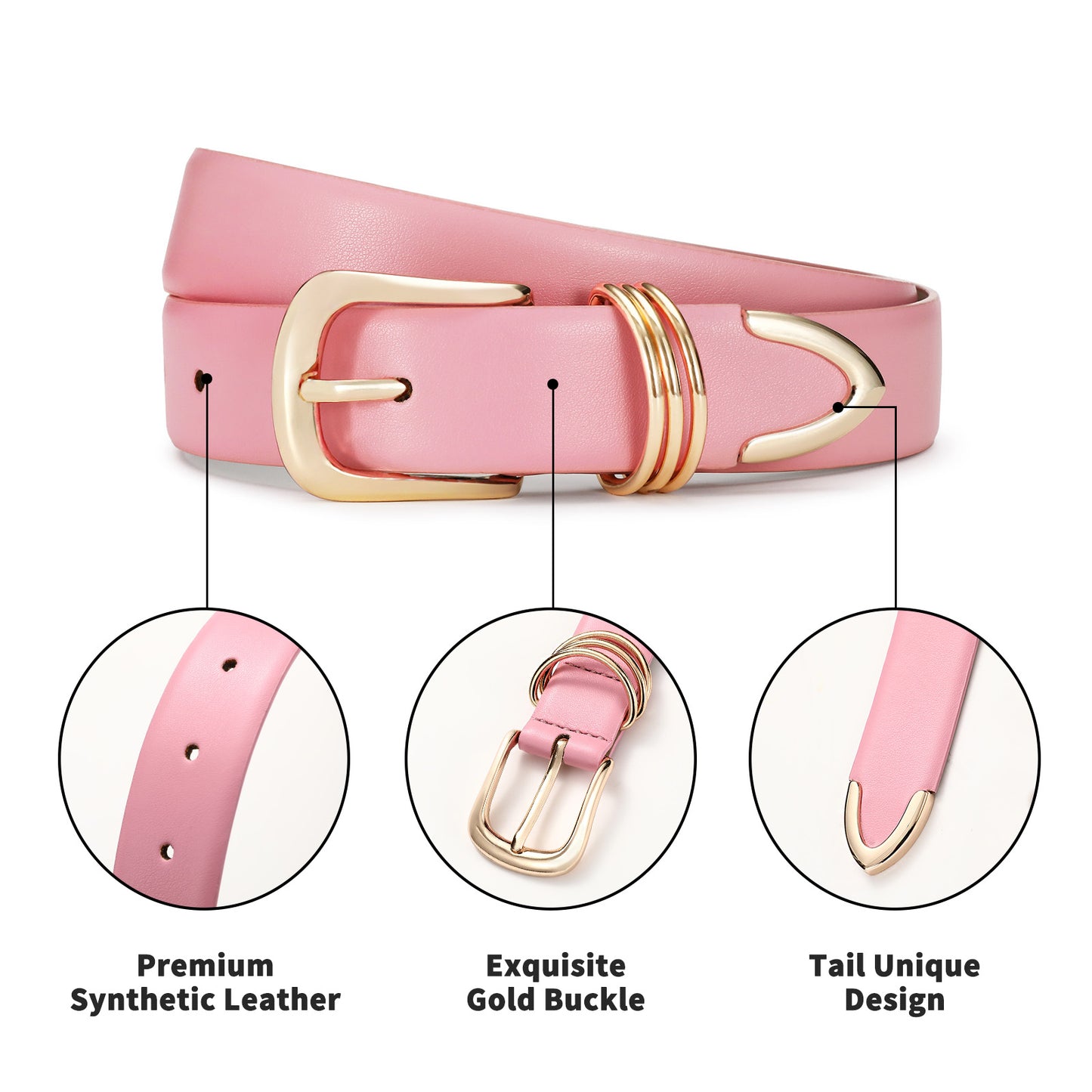 AI DEEBLUE Pink Belts for Women Leather Waist Belt with Gold Buckle for Jeans Dresses Fashion Casual Womens Belt