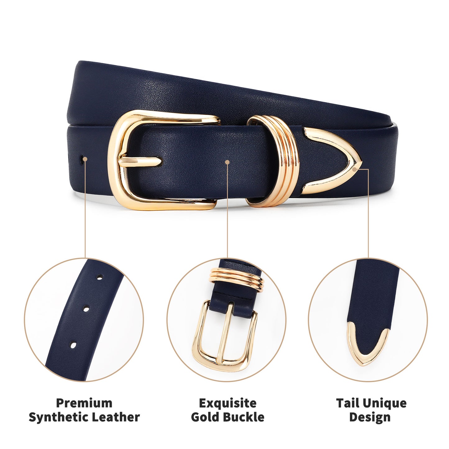 AI DEEBLUE Navy Blue Belts for Women with Gold Buckle Faux Leather Waist Belt for Jeans Dresses Workwear