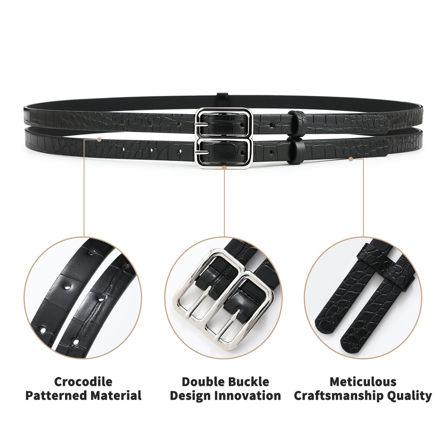 AI DEEBLUE Double Buckle Belts for Women Leather Black Belt with Holes Waist Belt for Dresses Jeans