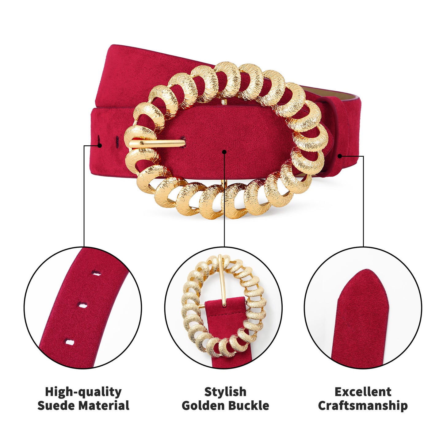 AI DEEBLUE Leather Belts for Women Stylish Suede Burgundy Red Belt with Gold Buckle Elegant Dress Belt Women