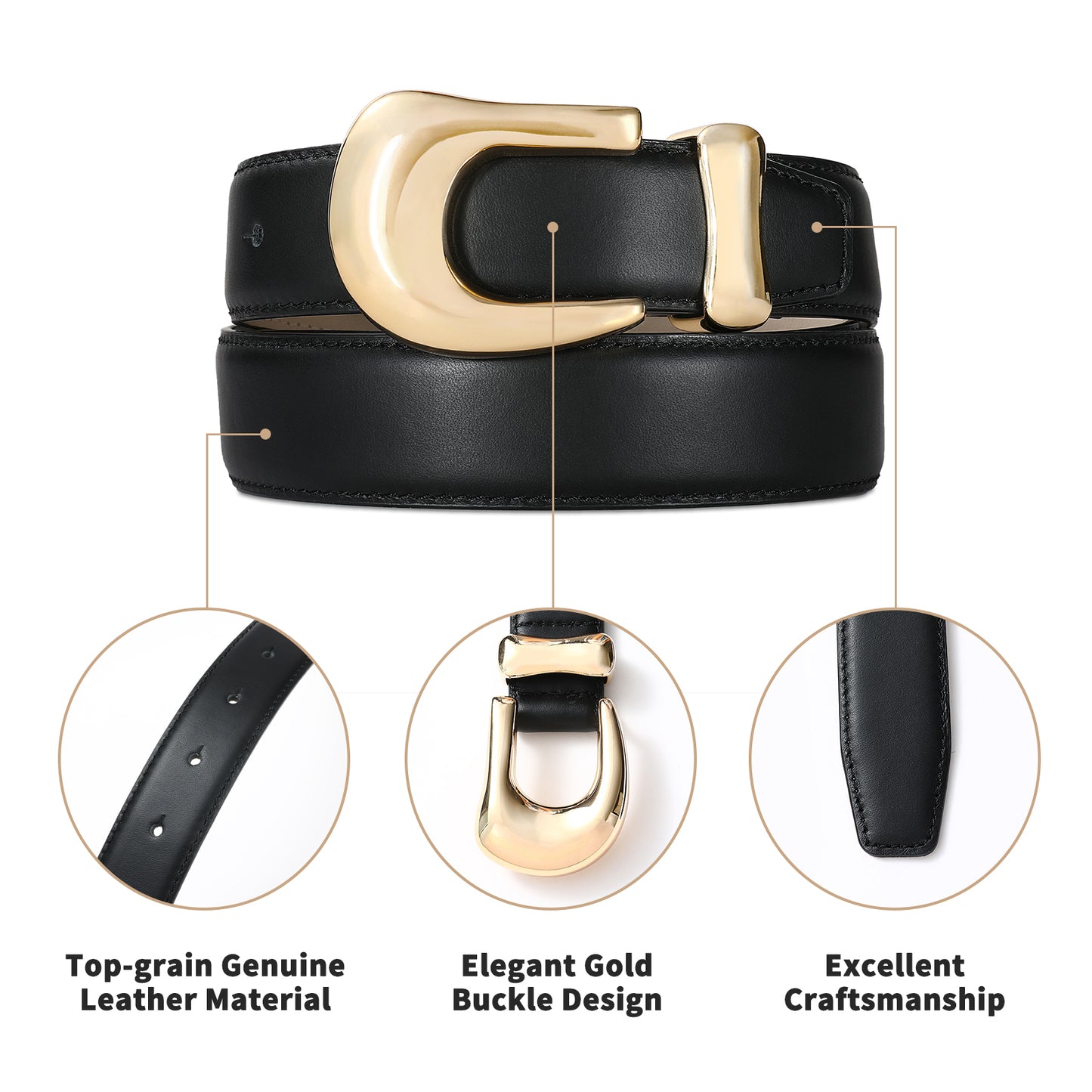 AI DEEBLUE Genuine Leather Belts for Women Black Belt with Gold Buckle for Jeans Dresses and Casual Outfits