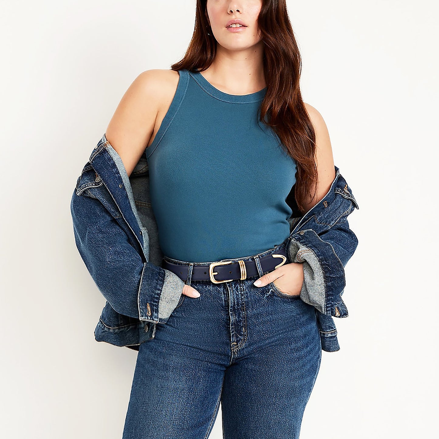 AI DEEBLUE Navy Blue Belts for Women with Gold Buckle Faux Leather Waist Belt for Jeans Dresses Workwear