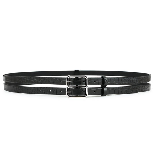 AI DEEBLUE Double Buckle Belts for Women Leather Black Belt with Holes Waist Belt for Dresses Jeans