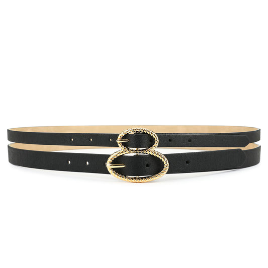 AI DEEBLUE Double Buckle Belts for Women Black Belt Women's Leather Belt Gold Buckle Waist Belt for Dresses Jeans Fashion