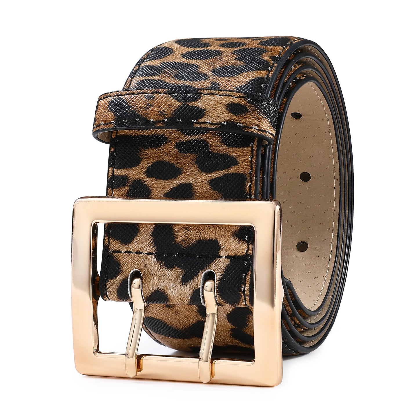 AI DEEBLUE Women Leopard Print Wide Belts Fashion Thick Black Belt with Gold Double Prong Buckle Belt for Dresses