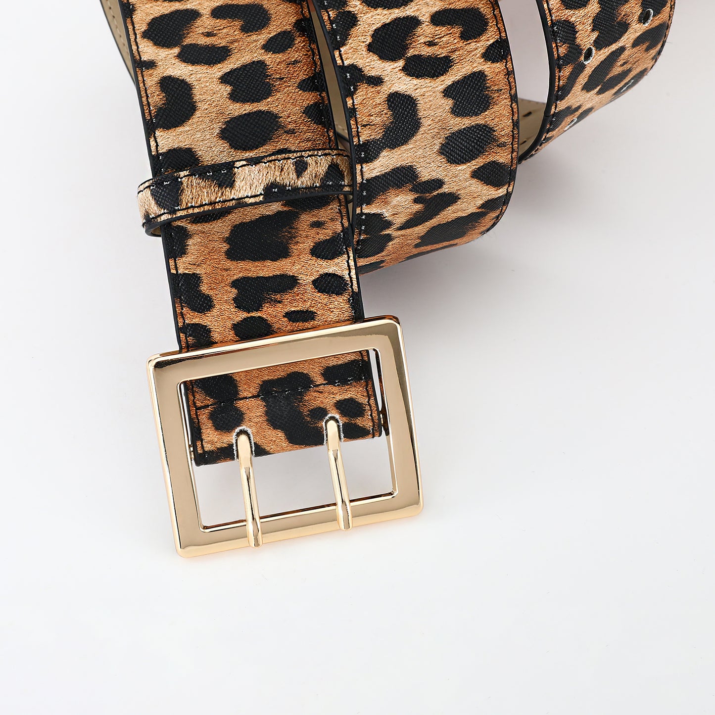 AI DEEBLUE Women Leopard Print Wide Belts Fashion Thick Black Belt with Gold Double Prong Buckle Belt for Dresses