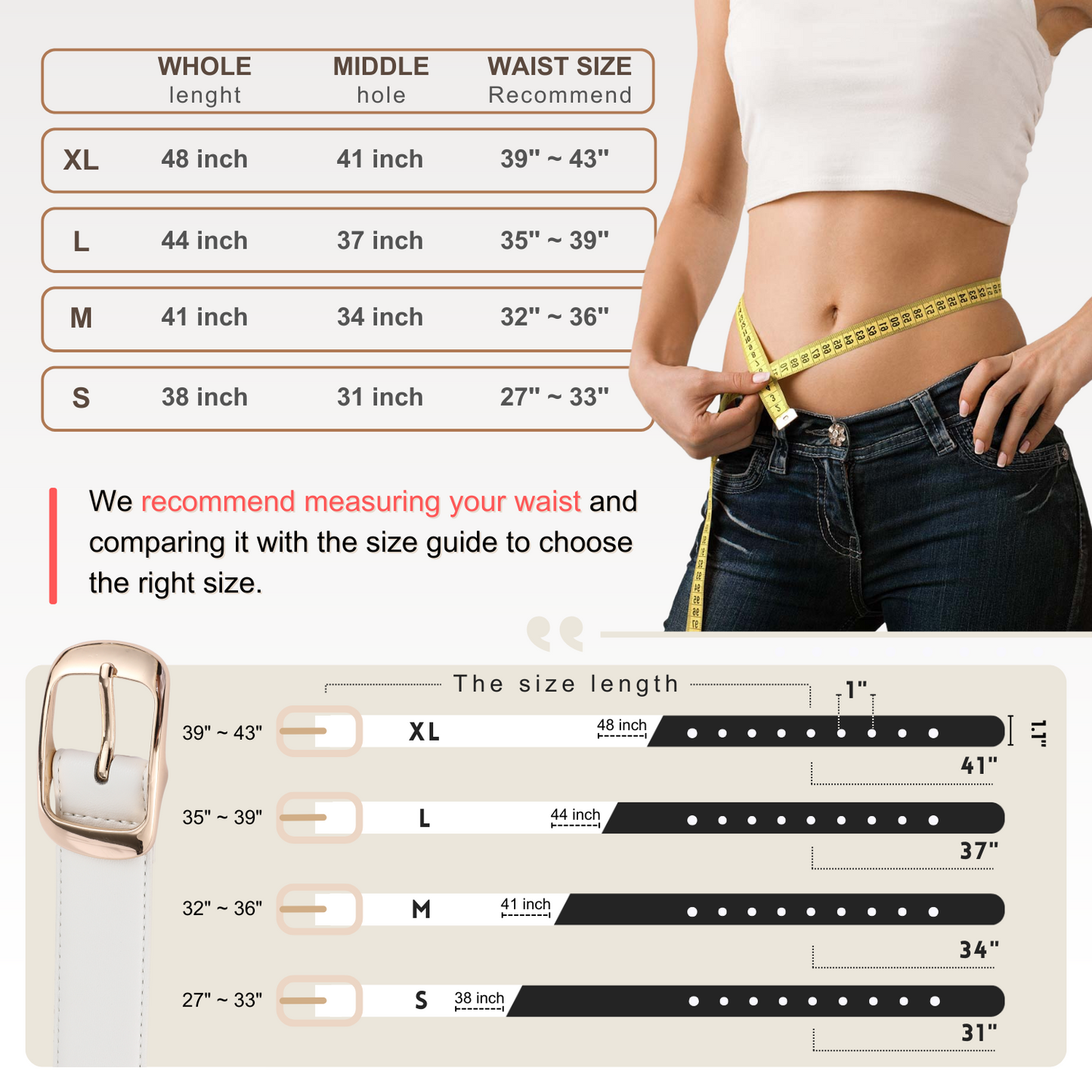 AI DEEBLUE White Belts for Womens Belt with Gold Buckle Waist Belt for Dresses Suits Casual Outfits