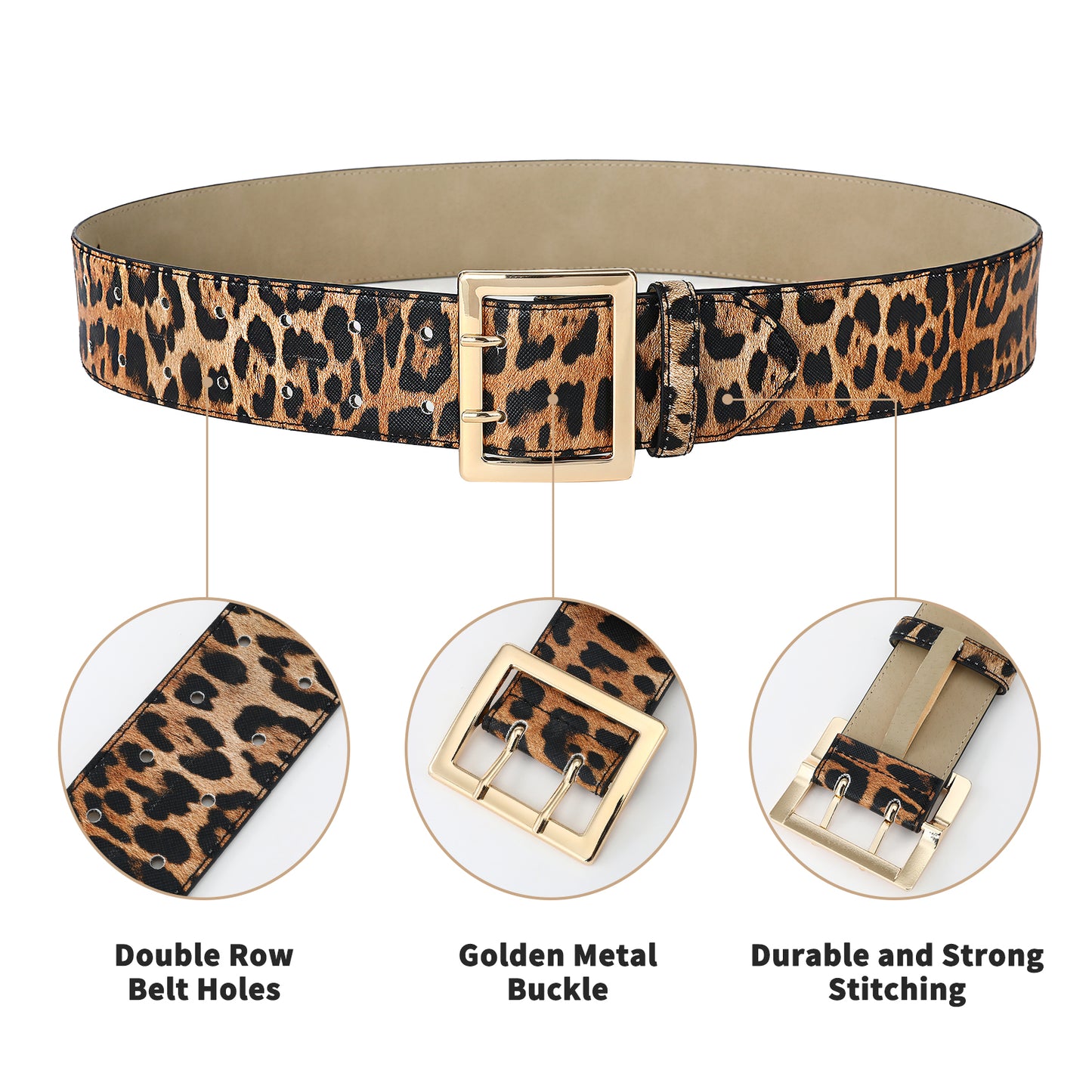 AI DEEBLUE Women Leopard Print Wide Belts Fashion Thick Black Belt with Gold Double Prong Buckle Belt for Dresses