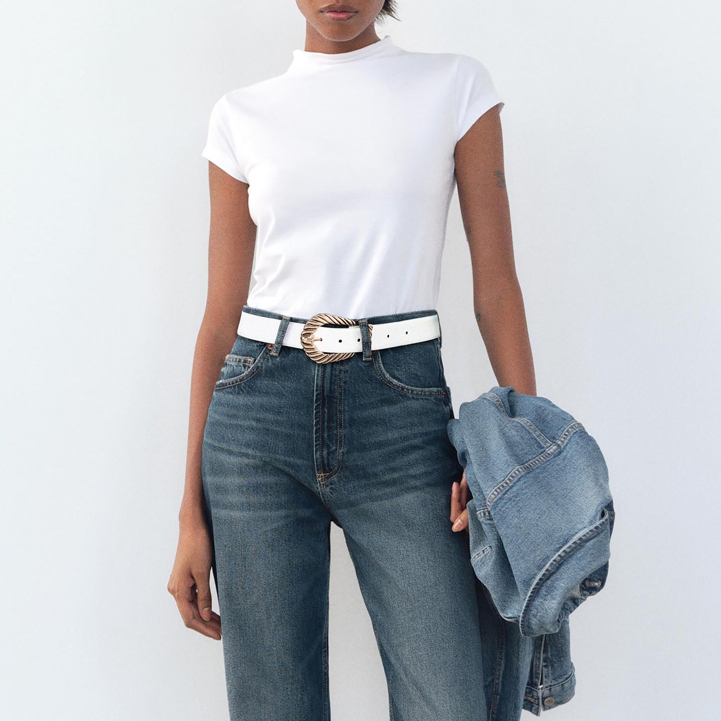 AI DEEBLUE White Belts for Womens Belt with Gold Buckle Waist Belt for Jeans Dresses Fashion
